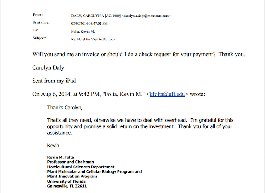 In einer E-Mail verspricht Kevin Folta Monsanto einen "Return-on-Investment".
